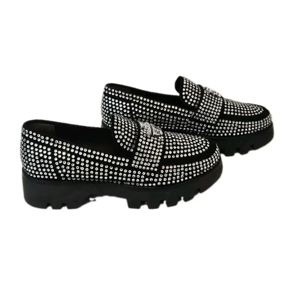 New Tory Burch Chunky Loafer Mini Everly Black Suede Crystals Lug Sole Size 7M